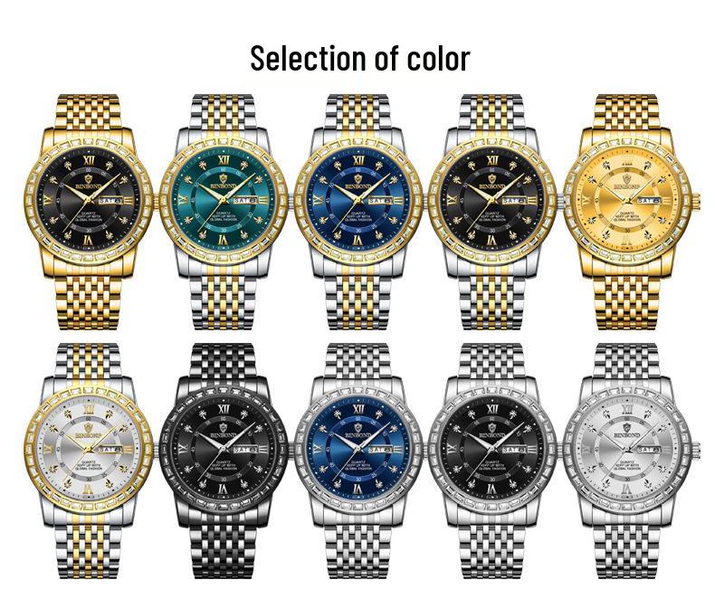 Men's Genuine Diamond-Inlaid Mechanical Watch – Trendy, Waterproof, Double Calendar, Luminous Quartz.