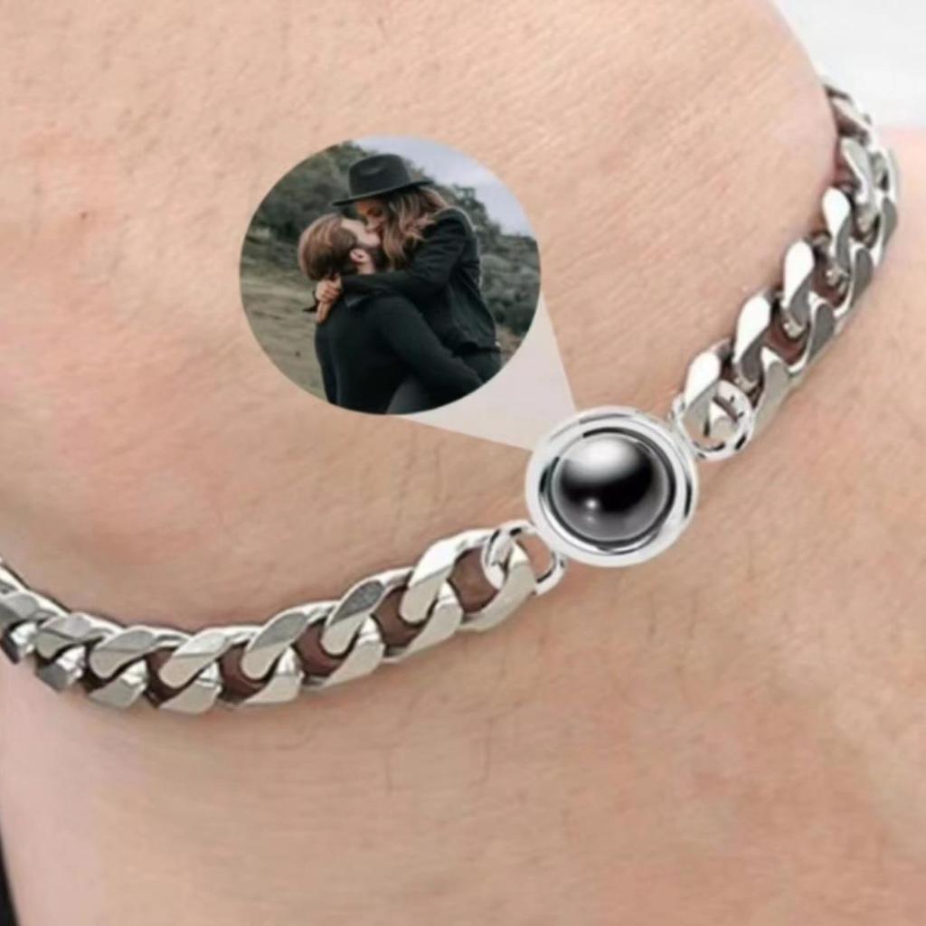 Custom Titanium Steel Couples Bracelets: 'I Love You' in 100 Languages with Photo Projection