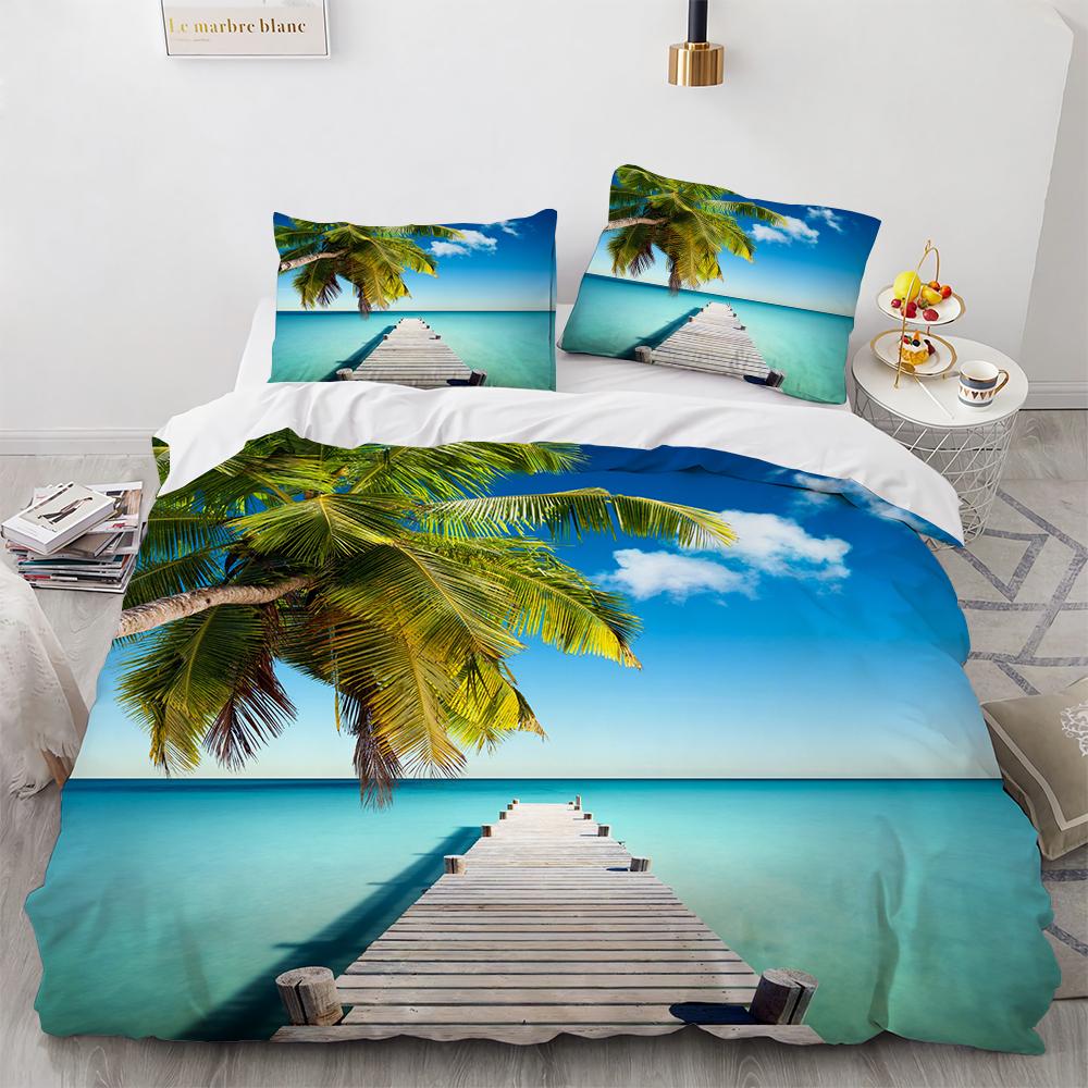Ocean Beach Palme Bettbezug Set Meereswelle Polyester Steppdecke Bezug Tropische Blätter Hawaiianischer Urlaubsdruck Für Kind Erwachsener Teenager