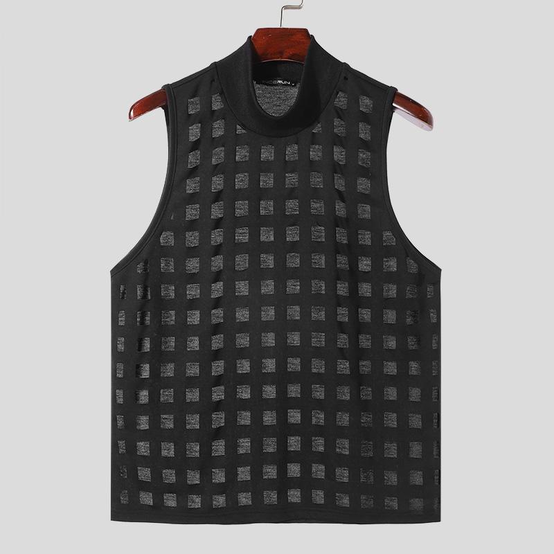 

INCERUN Мужские клетчатые прозрачные топы без рукавов Прозрачные майки Полый жилет XL чёрный