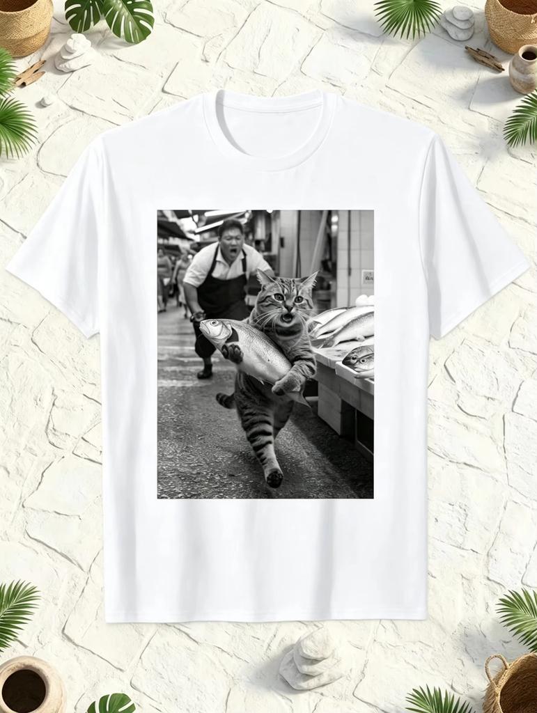 2026 New Funny Cat‑Stealing‑Fish Graphic‑Print Unisex Short‑Sleeve T‑Shirt, Casual Outdoor Daily Street‑Wear Top T-shirt