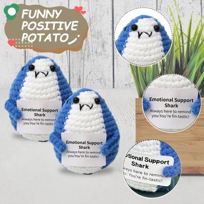 Positive Crochet Shark Doll with Encouraging Card Emotional Support Handmade Knitting Yellow Duck Animal Decoration Ornament Stress Relief Toy