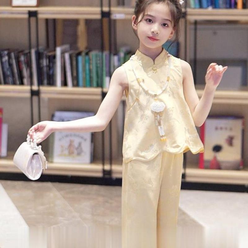 

Летняя одежда для девочек в китайском стиле, средний размер, детский комплект из двух предметов, жилет и брюки для маленьких девочек 160 жёлтый