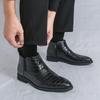 Plus Size Men's High Top Leather Chelsea Boots with Zipper and Brogue Design, Pointed Toe Martin Style.