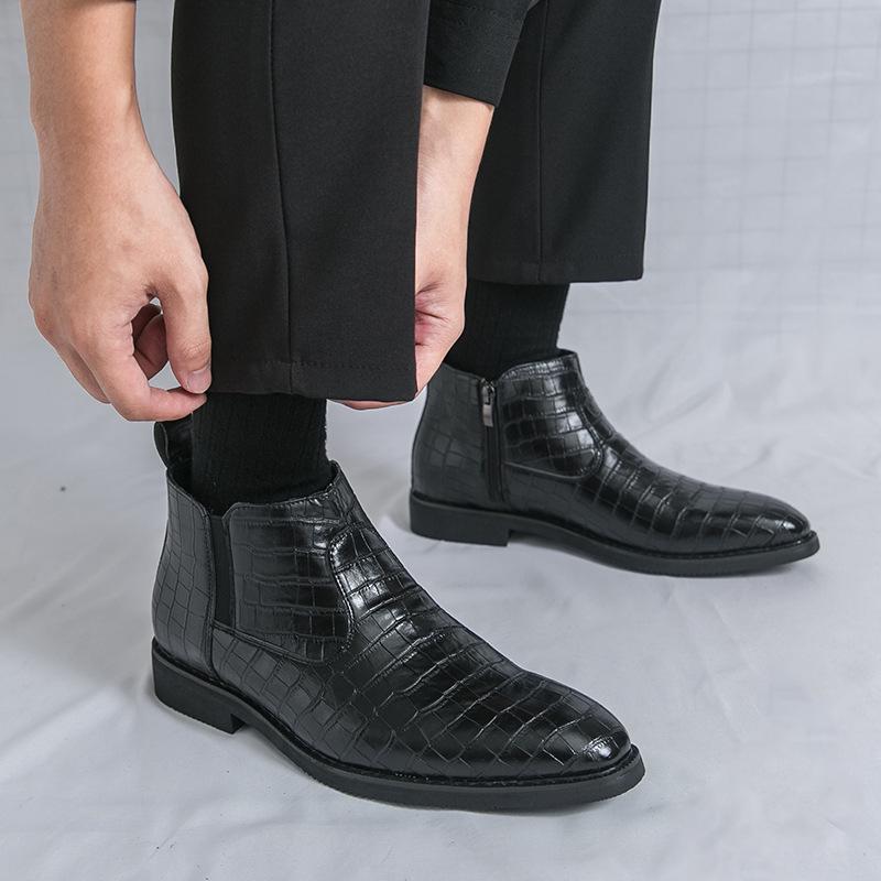 Plus Size Men's High Top Leather Chelsea Boots with Zipper and Brogue Design, Pointed Toe Martin Style.