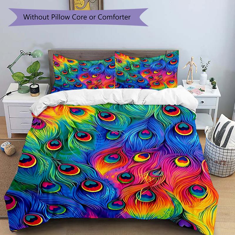 

3pcs Colorful Peacock Feather Print Comforter Set with One Quilt Cover and Two Pillowcases (No Core) - Home Decor, Festival Gift, Polyester Fabric, An 135x200cm