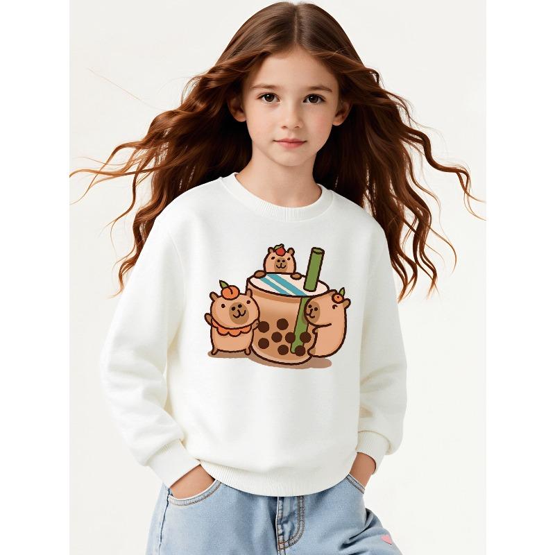 Kids Sweatshirt , Crew Neck Fashion Top, Fun "Cute Bear Bubble Tea" Patterned Sweatshirt, Suitable for Everyday Casual Wear