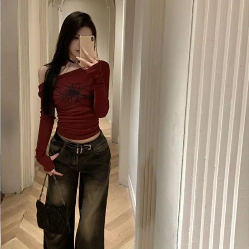 2KWEIRD Women Y2K Gothic Grunge T Shirts Off Shoulder Streetwear Fairycore Hip Hop Tops Punk Casual Tees Female Clothes