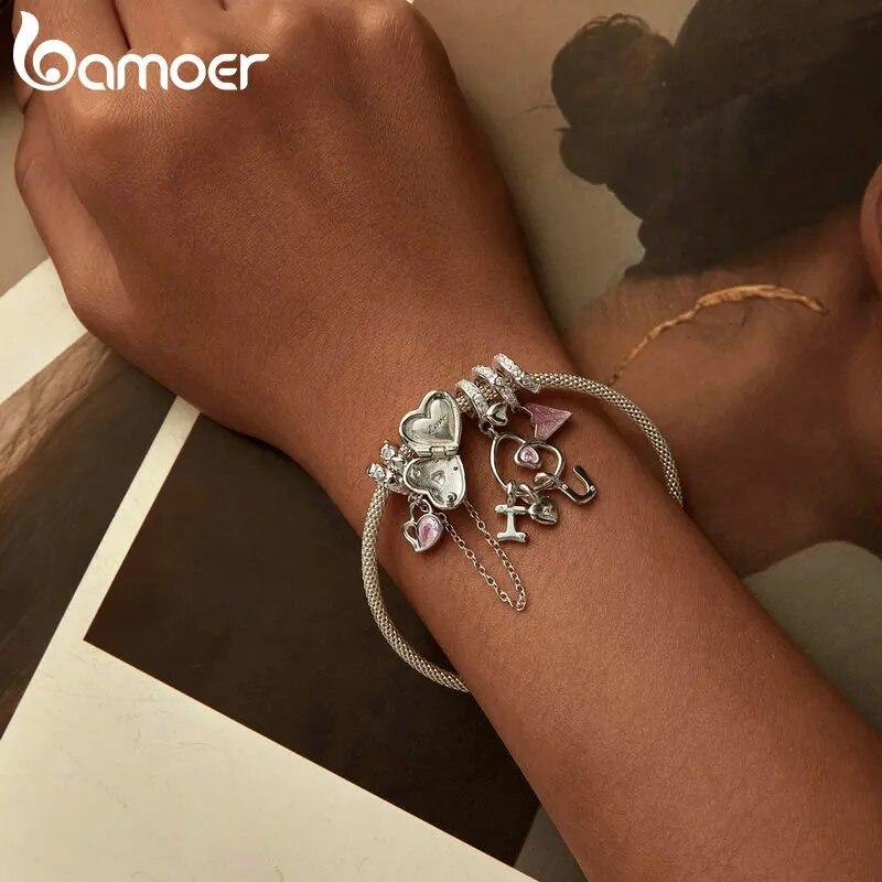 BAMOER I Love You Letter Heart Dangle Charms for Bracelets, 925 Sterling Silver DIY Charm Bracelet Accessories