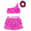 Jenter Enskulder Dansekostyme Glitrende Paljett Crop Top med Lagdelt Volangskjørt Shorts og Matchende Hårtilbehør