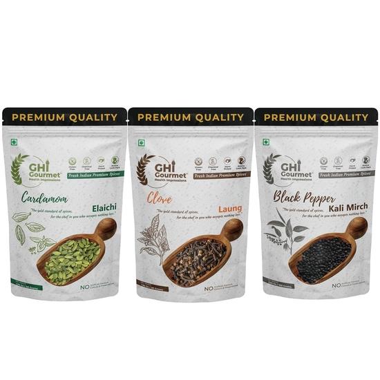 GOURMET HEALTH IMPRESSIONS Superior Grade Whole Spices | Tellicherry Black Pepper 600GL 100g, Idduki Green Cardamom 8mm+ 50g, Clove 50g 300GM