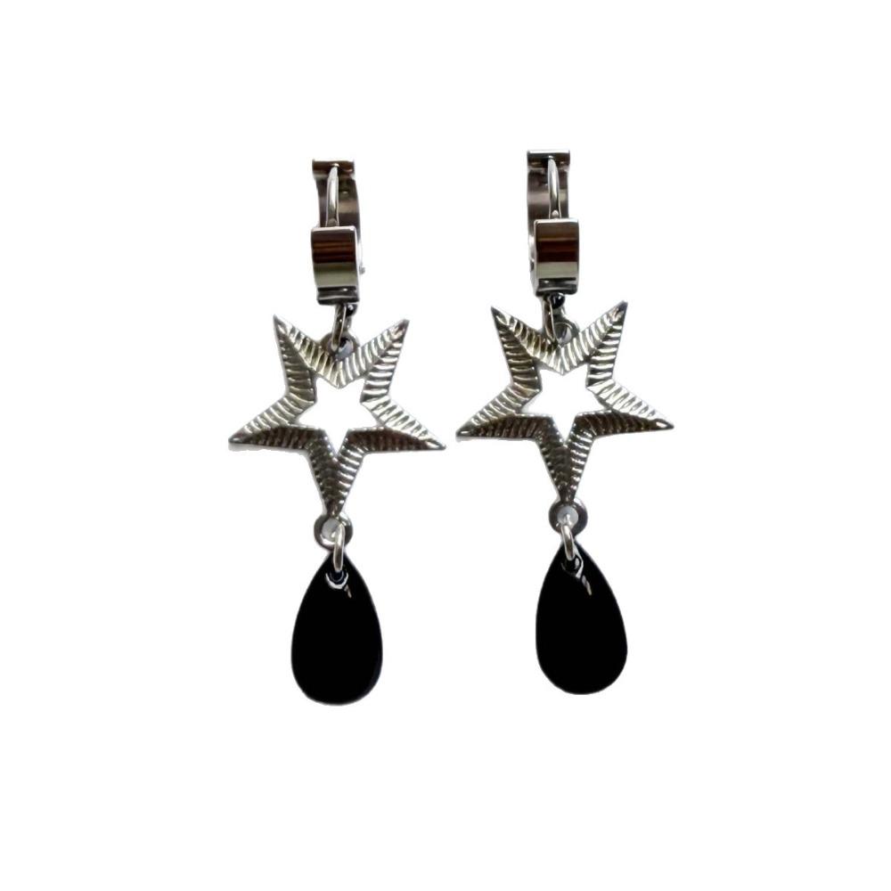 Mysterious Gothic Sliver Color Hollowed-out Five-pointed Star Red Teardrop Glass Crystal Pendant Hoop Earrings for Women Jewelry