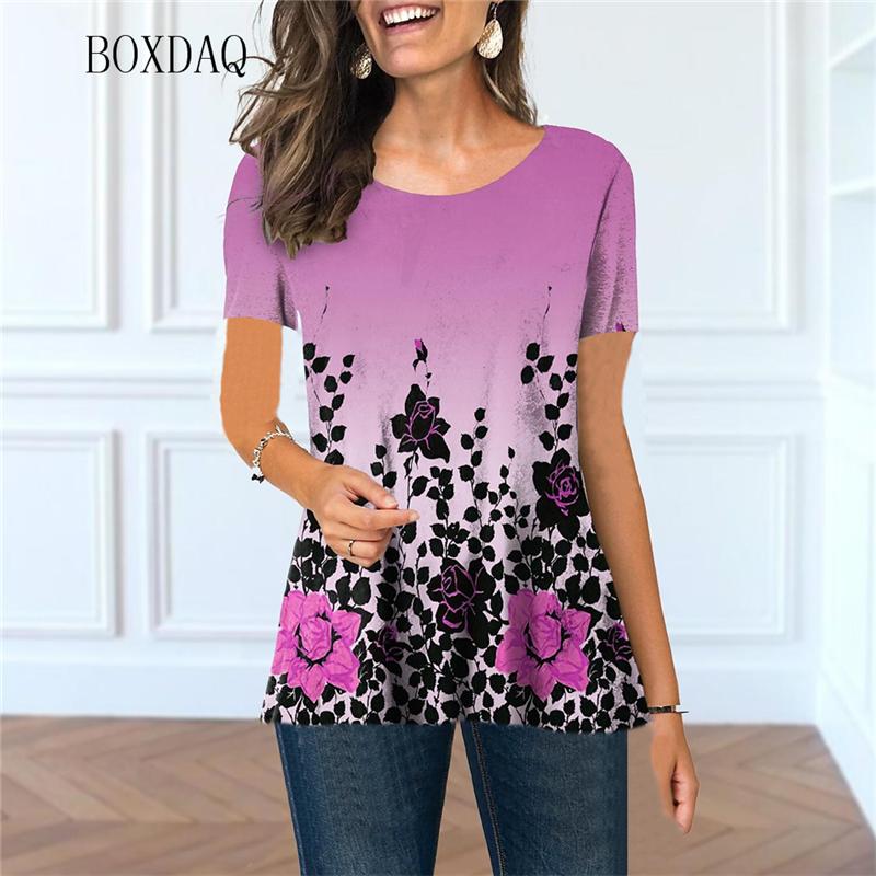 3D Floral Printed Women Casual T-shirts Short Sleeve Summer Street Gradient Ladies T Shirt Flower Graphic Round-Neck Female Tops