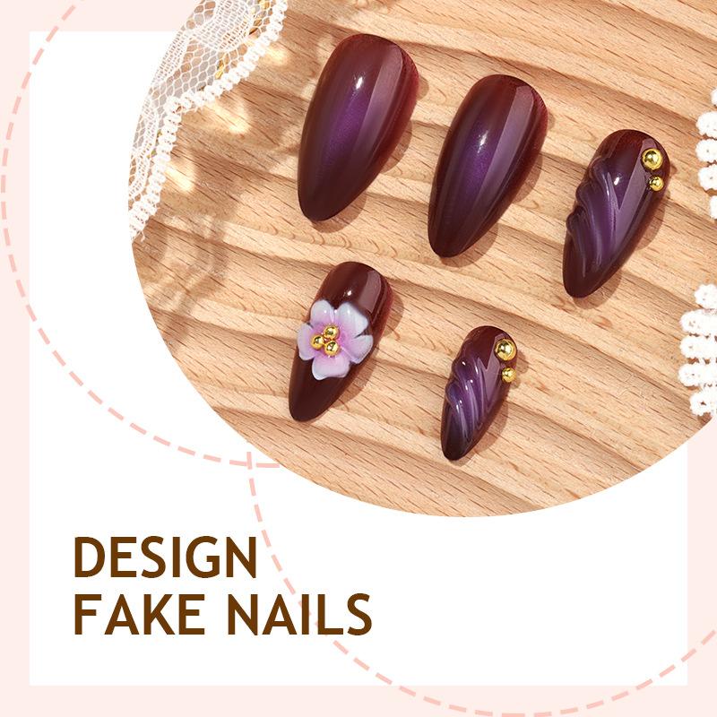 Press On Nails Medium Almond Fake Nails with Designs Reusable False Nails Press Ons Glossy Full Cover Acrylic Glue On Nails Stick On Nail for Women
