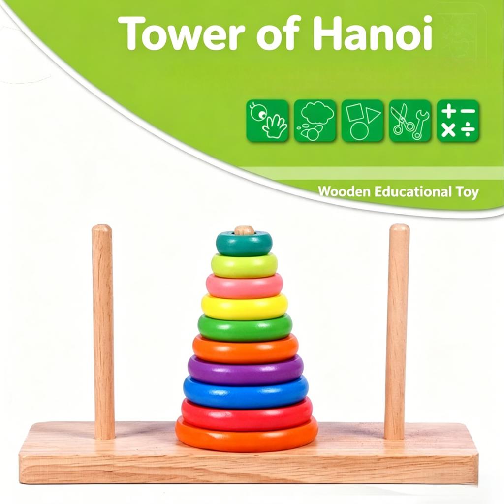 Wooden Tower of Hanoi Rainbow Stacking Toy Kids Color Recognition Sorting Ring Matching Block Early Educational Puzzle GiftMX003
