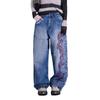 Y2K Embroidered Denim Jeans Women - Wide Leg Straight Cut Mid-Rise Light Wash Slightly Stretchy Streetwear Chic
