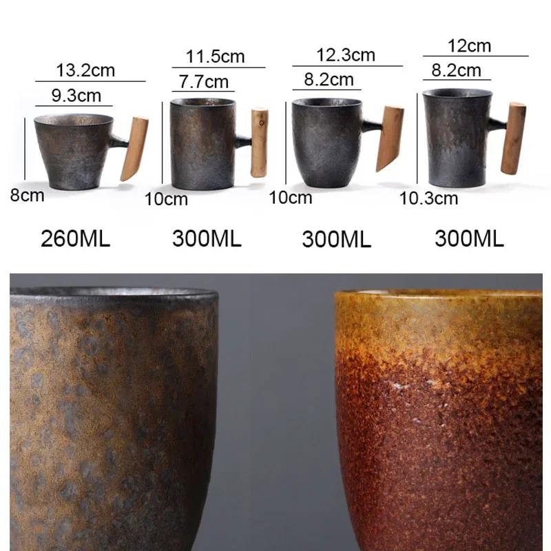 Japanese Vintage Tea Cup Set Ceramic Coffee Mug Rust Glaze Milk Cafe Cup with Wood Handle Water Cup Teacup Home Office Drinkware