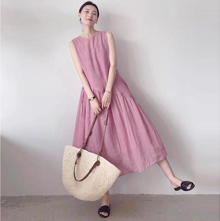 Solid Color Cotton and Linen Dress Women's 2025 Summer New Fan Large Size Loose Breathable Round Neck Sleeveless Medium and Long Dress