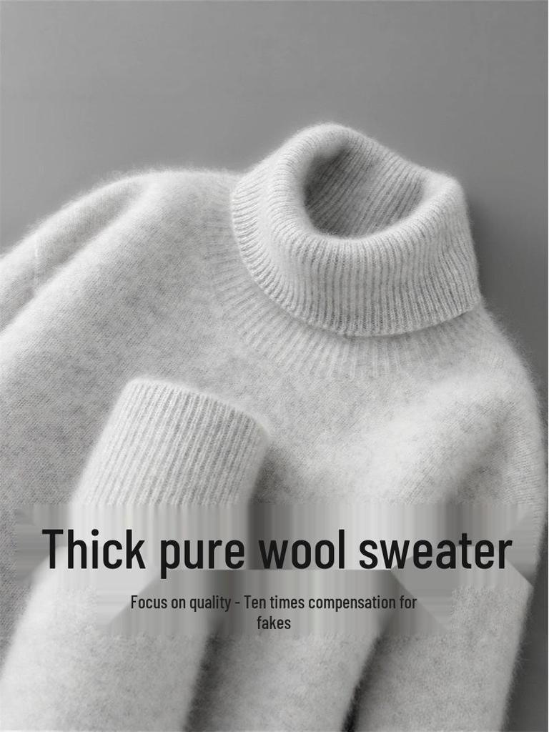 Men's High-Neck 100% Pure Wool Sweater: Thick Long-Sleeve Pullover for Autumn/Winter, Loose Fit Knitted Base Layer.
