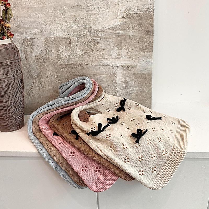 Aesthetic Knitted Bag Women Hollow Out Crochet Bow Handbag Large Capacity Handmade Tote Bag Summer Beach Woven Shoulder Bag