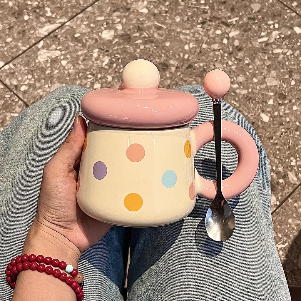 Chubby mug with lid spoon ceramic mug large capacity water cup couple home coffee breakfast cup souvenir