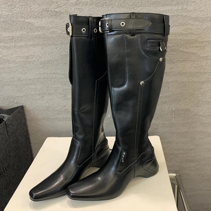 Eilyken New Wedges Heels Women Knee High Boots Designer Belt Buckle Long Booties Street Winter Shoes Zapatos De Mujer