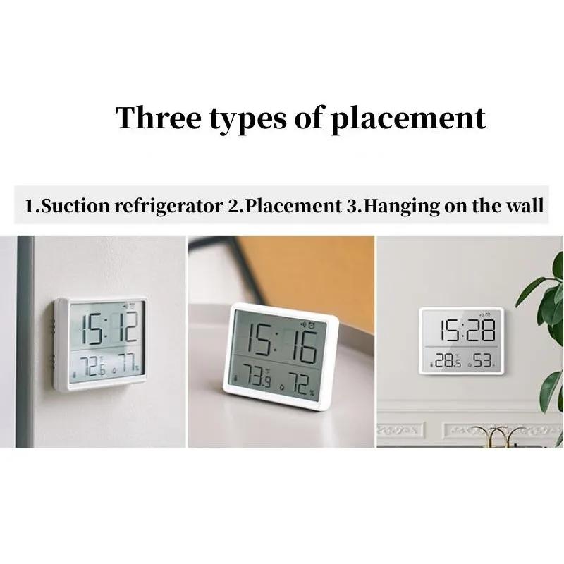 Mini Digital Alarm Clock Temperature Humidity Hourly Beep Magnetic Sucked Table Clock 12/24H Battery Powered LCD Wall Clock