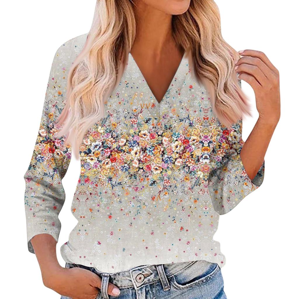 Women's Casual And Fashionable Flower Printing V-Neck Top With Seven Quarter Sleeves