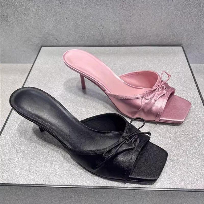 Fashion Summer 2025 New Comfortable Low Heel Square Head Sandals Sweet Bow Silk Thick Heel Slippers for Ladies Outwear Blue Slides