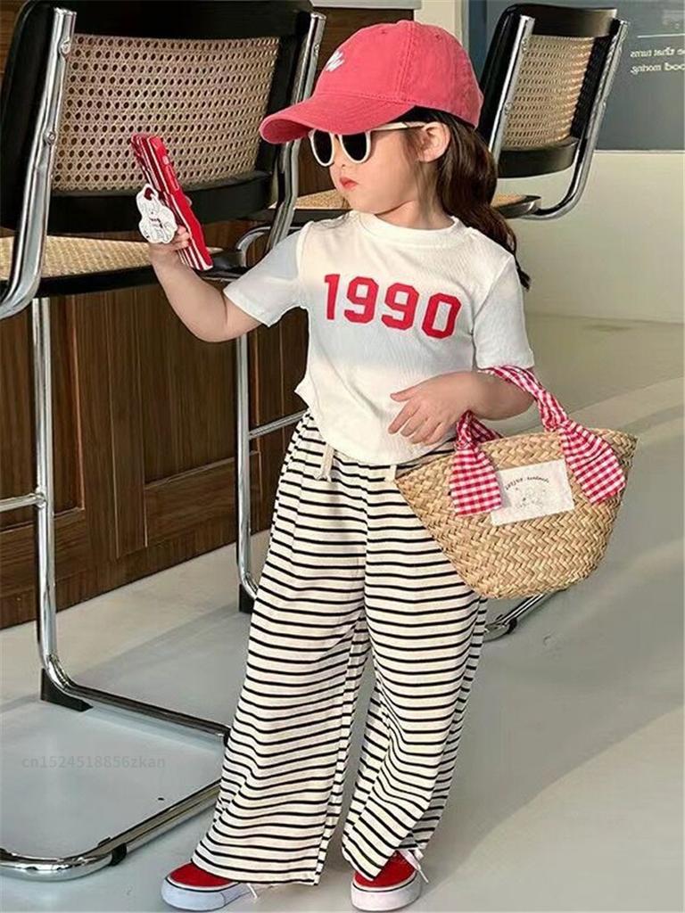 New Girls Short Sleeve Suits Summer Kids T-Shirt Clothing Sets Irregular Tops+Stripes Pants 2Pcs Children Fashion Outfits