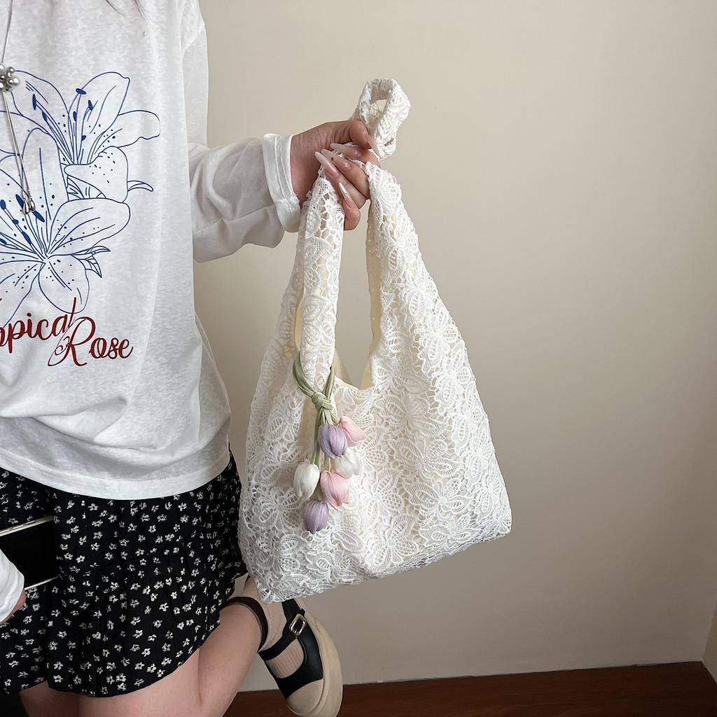 Korean Version of Simple and Gentle Lace Tote Bag 2025 New Fashion Shoulder Bag Small Fresh Pastoral Casual Handbag