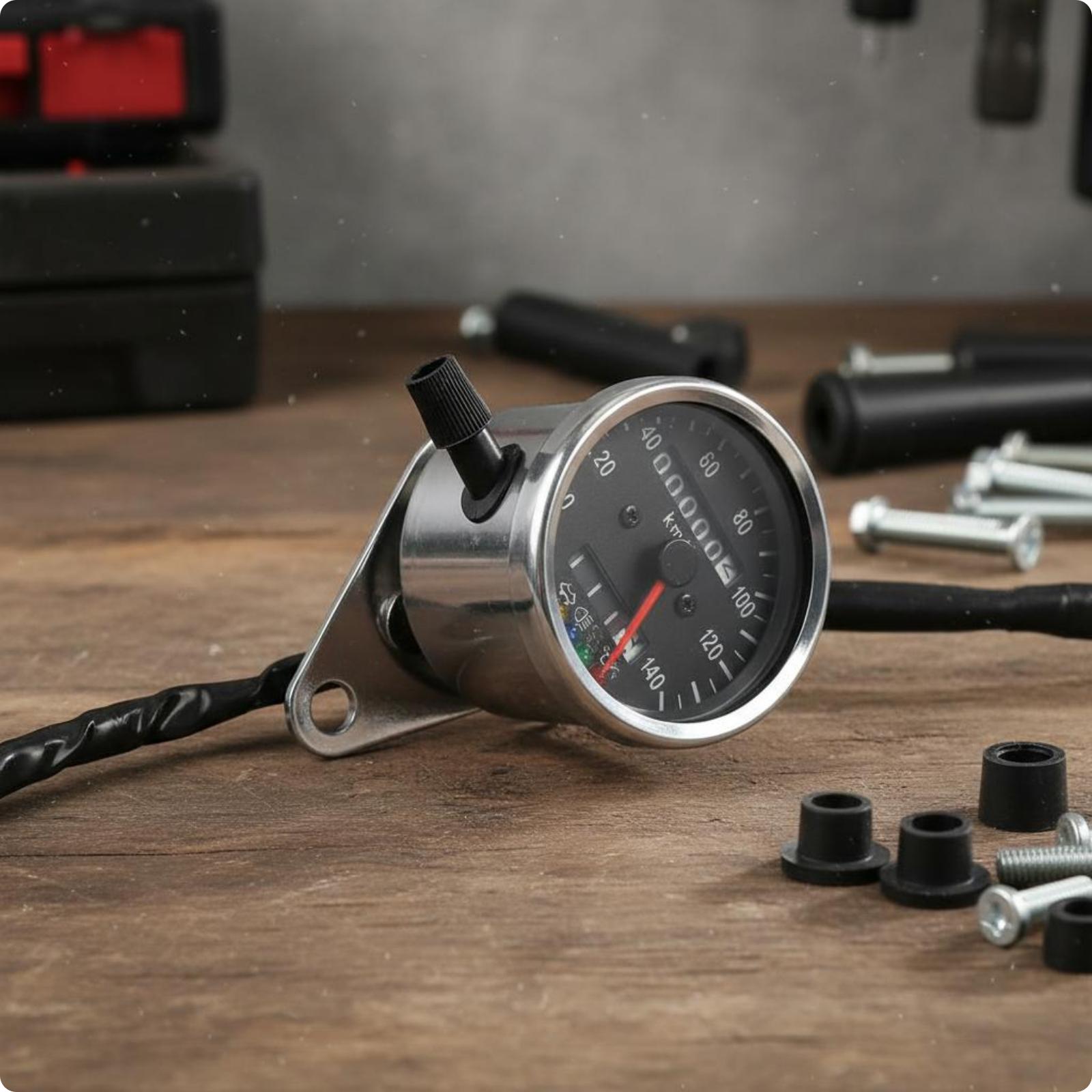 Retro Motorcycle Speedometer Multifunction Display Motorbike Odometer Gauge Custom Motorcycle Instrument Cluster 12V 4-Indicator Chrome