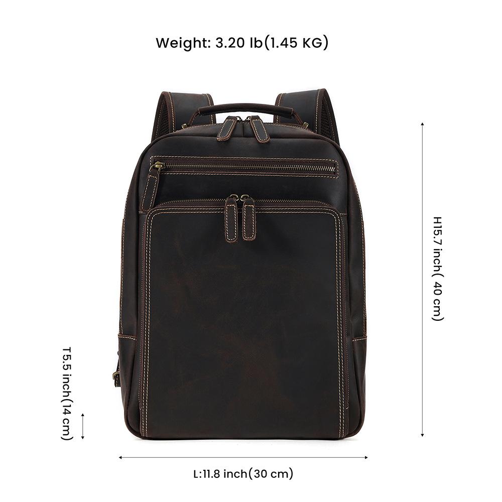 Men's Top Layer Cowhide Backpack with Large Capacity 15.6-inch Crazy Horse Leather Computer Bag and Multifunctional Backpack