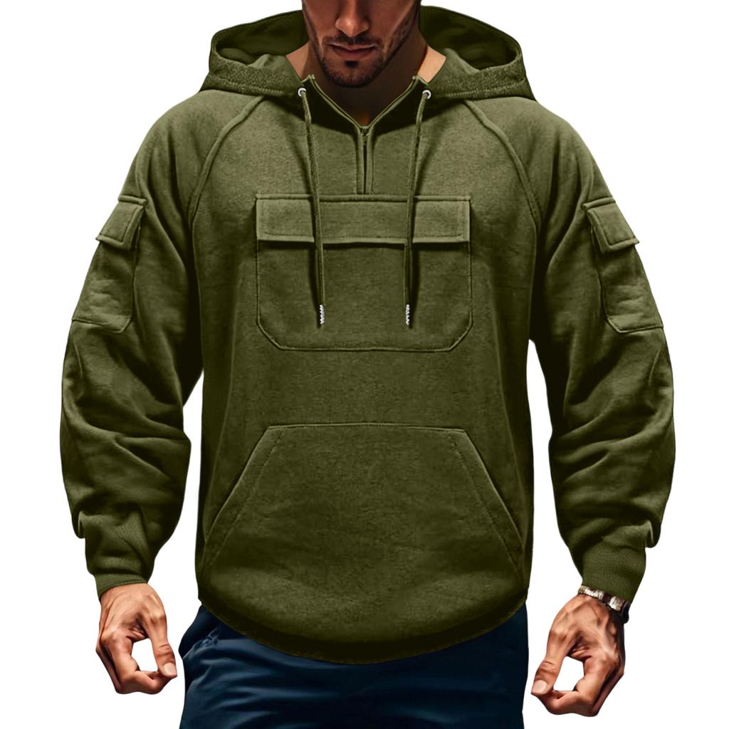 Men's Cargo Hoodie | Drawstring Multi-Pocket, Solid Color For Outdoor & Casual Wear