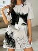 New Women'S Soft Pajamas And Casual Short-Sleeve Dresses. Featuring Ink Wash Paintings of Cats And Floral Prints. Suitable for Adults. Perfect for Yea
