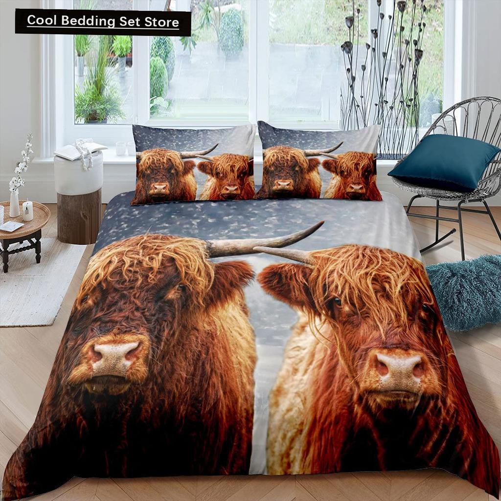 Highland Cow King Queen Duvet Cover Bull Bedding Set for Adults Cattle 2/3pcs Quilt Cover Farm Animal Polyester Comforter Cover