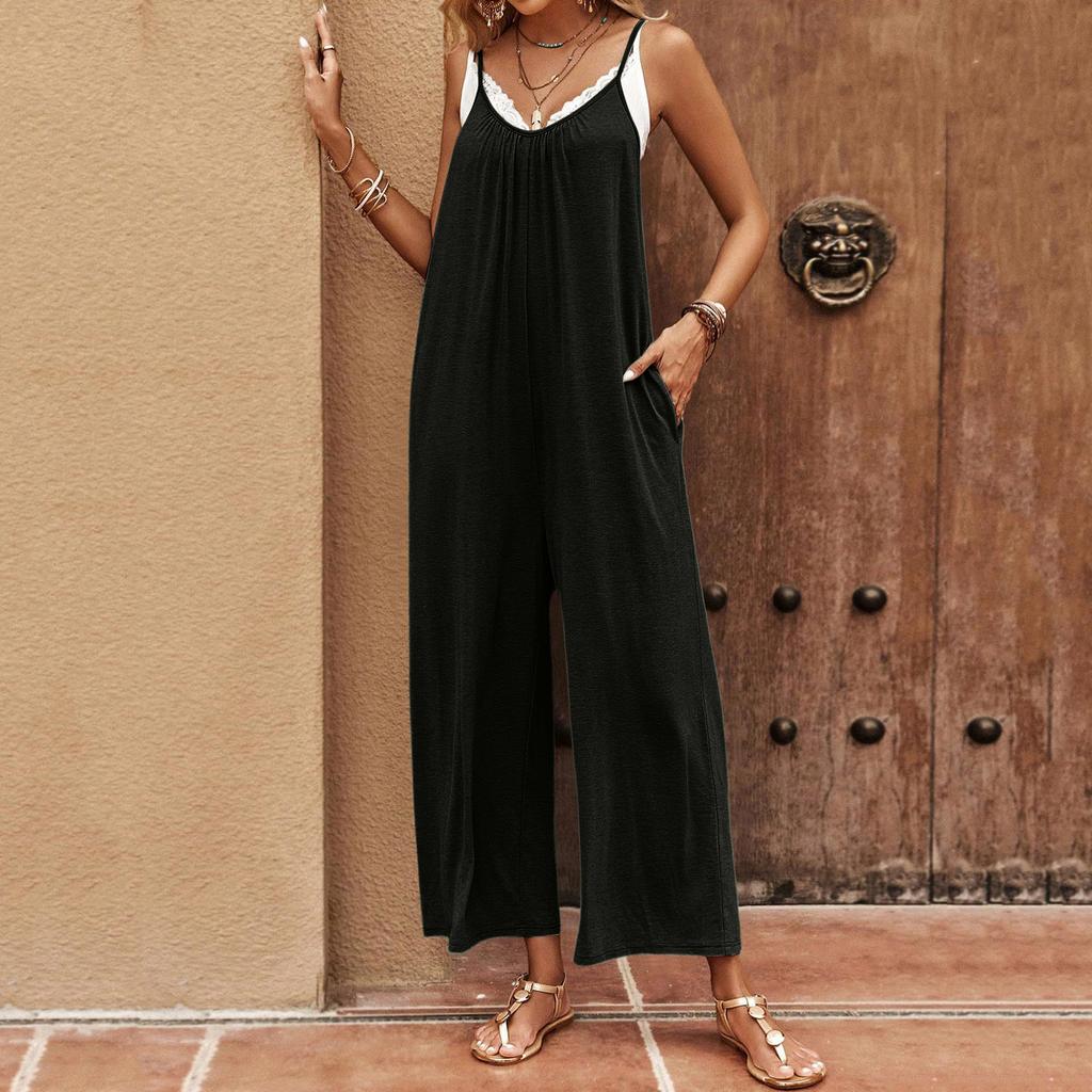 Women's Casual -Color Pleated Pocket Backless Loose Shoulder Strap Adjustable Jumpsuit