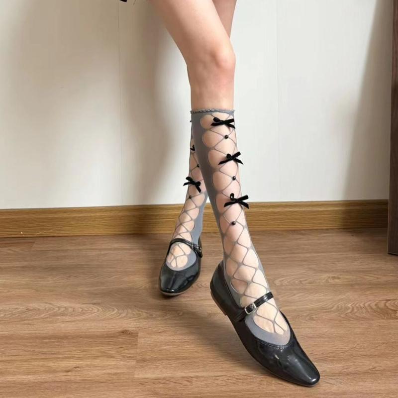 Meias Femininas Estética Japonesa Recorte Frontal Acima da Panturrilha Laço Elegante Pérola Vazado Barra Franzida Meias Longas