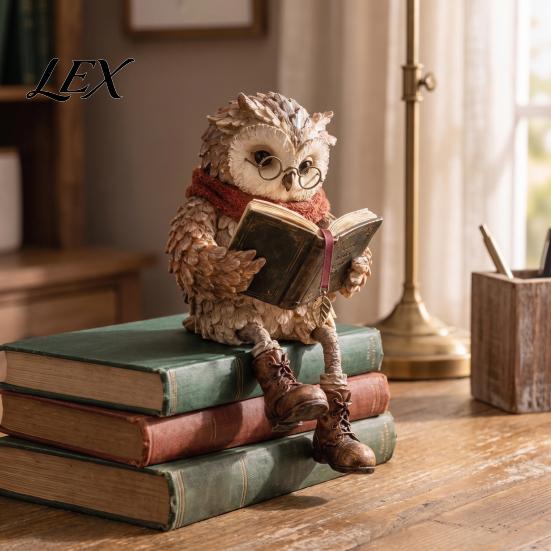 Reading Owl Statue for Home Decor Figurine, Creative with Glasses Scarf Boots And Open Book, Whimsical Reader Gift Teachers Sculpture Book Nook Shelf