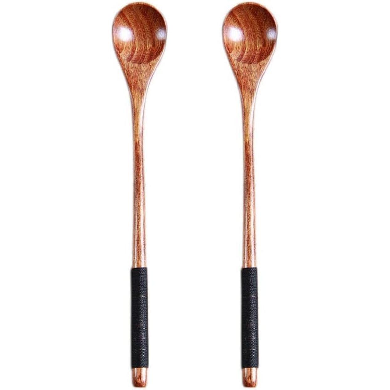 2 Pcs Brown Coffee Spoon Pure Hand Wooden Spoons Long Handle Stirring Spoons Log Tableware Honey Spoon Scoop Teaspoon Size: 7.87 * 1.2 Coffee, Tea