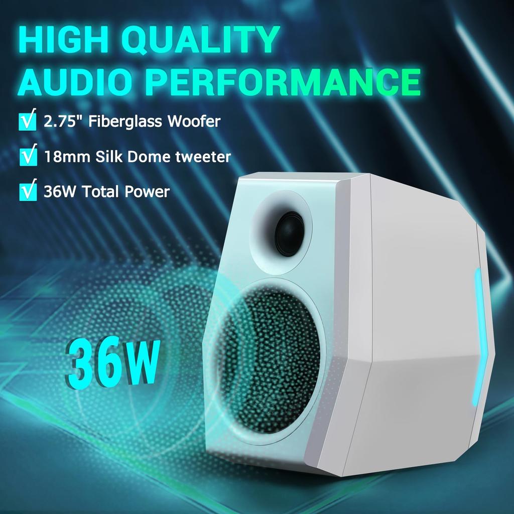 Sanyun SW209 36W Computer Gaming Speakers with 3 EQ Modes Dynamic 3D Surround RGB Compatible with White (Game/Movie/Music), Sound, 24-bit DAC,