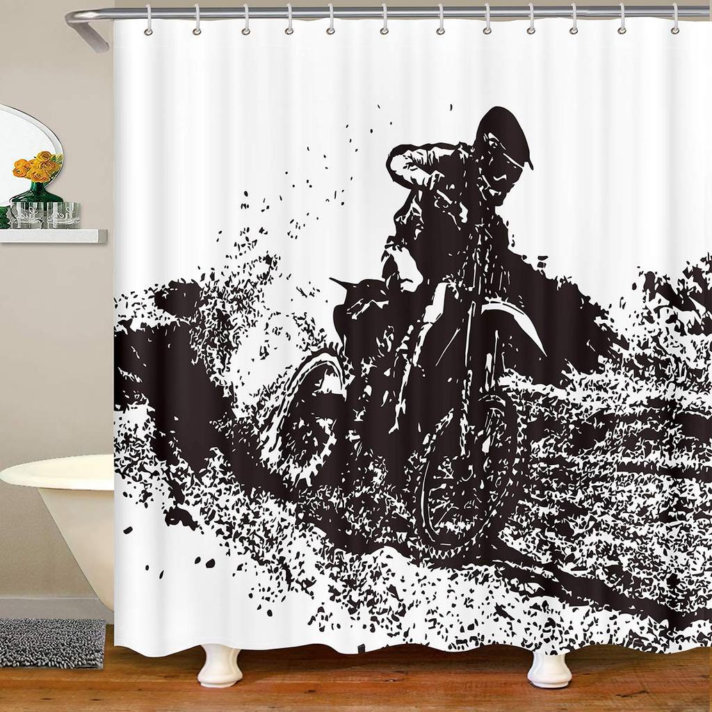 Motorcycle Shower Curtain Horsepower Adventurous Journey Freedom Ride Masculine Vehicle Bathroom Curtains Decor Set With Hooks