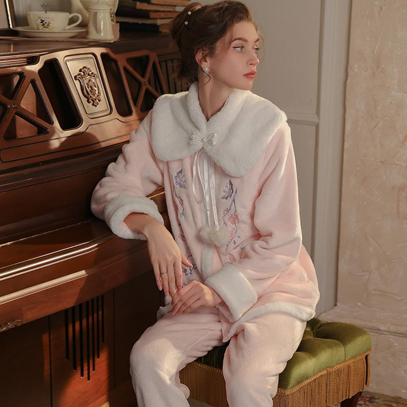 Women’s Plush Sleeping Suits Sexy Thick Velvet Embroidered Outer Robe and Pants Lounge Pajamas Comfortable Clothing