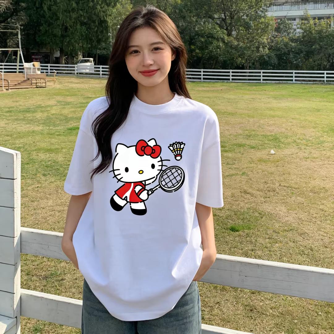 

2026 Summer Hello Kitty Cartoon Printed Short Sleeve Pure Comfortable summer Womens Tshirt loose and fashionable S