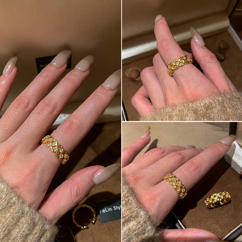 18k Gold Plated Zircon Ring: Exquisite Luxury Openwork Design, High-End Hand Jewelry.
