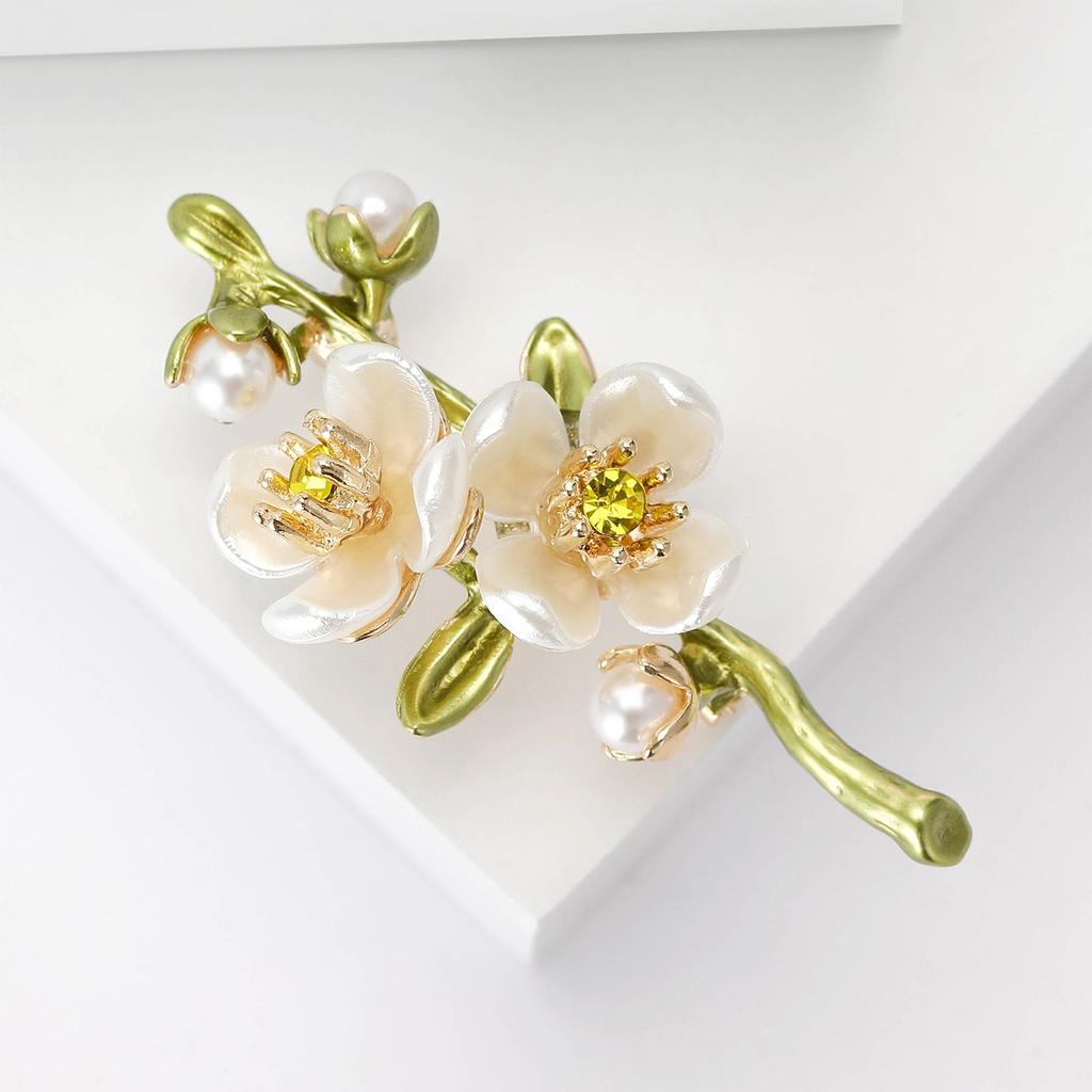 Retro Green Jasmine Flower Brooch, Women's Plant Flower, Pearl Chest Flower, Suit,  Buckle Pin Accessory