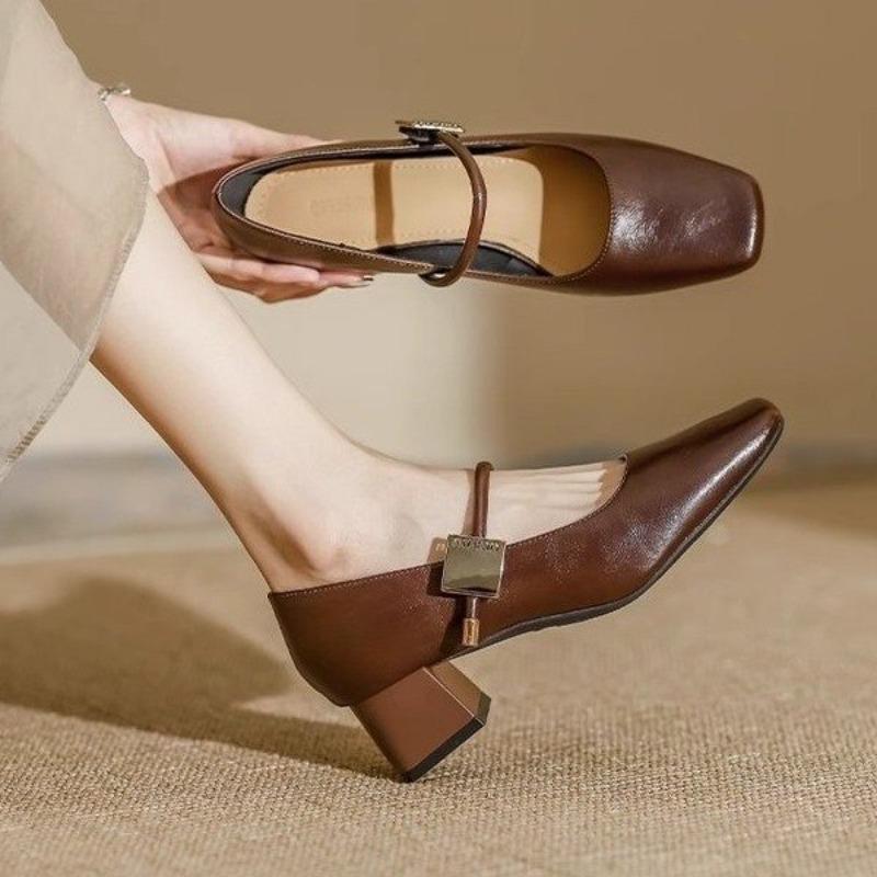 Vintage Mary Jane single shoes high heels autumn new square head thick heel commuting elegant women's single shoes