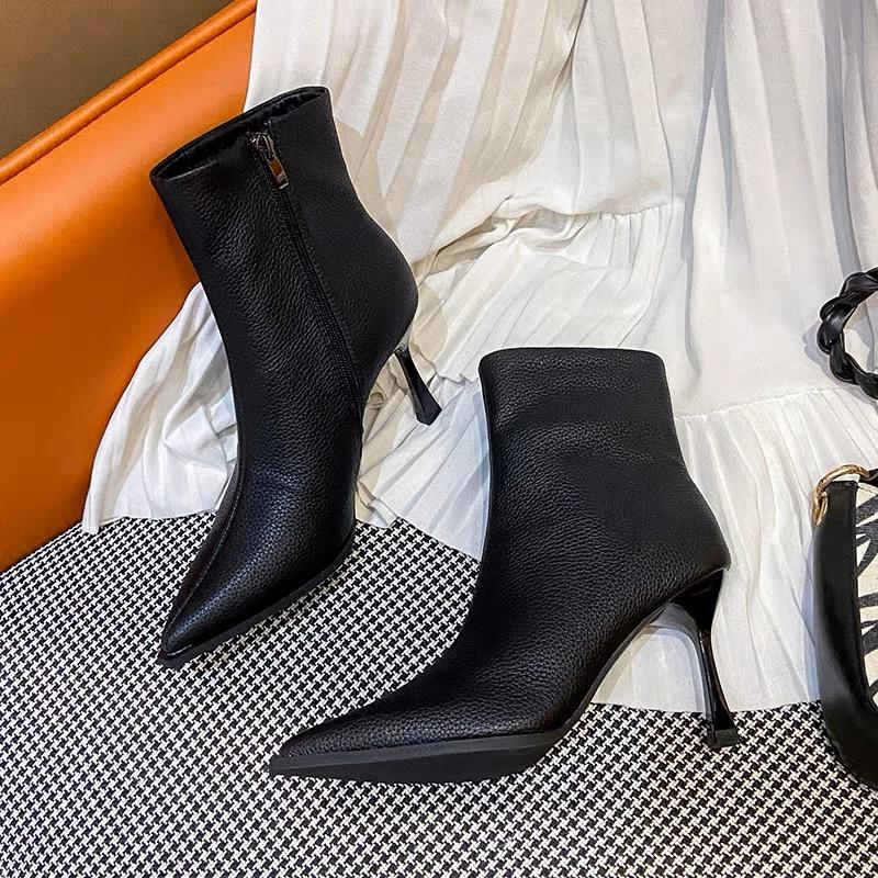 New Style Luxury Pink Stiletto Boots Women's Solid Pointed Toe Footwear Side Zipper Leather Casual Party Shoes Thin High Heels