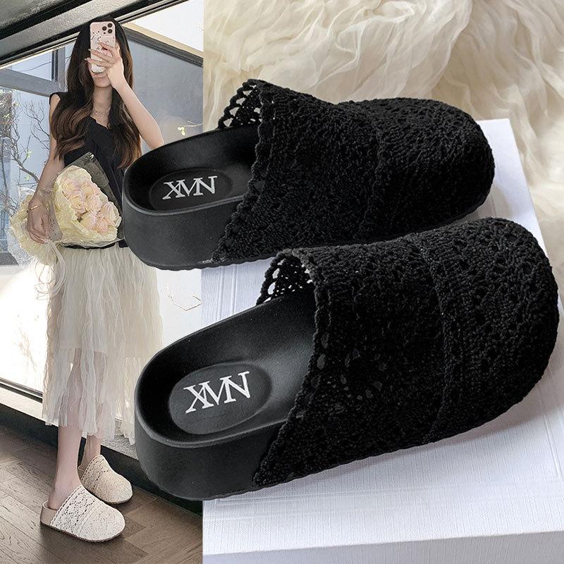 Lace Hollow Mesh Shoes with Skirt Comfortable Non-slip Slippers 2025 Summer New Thick-soled Bag Head Sandals Outside