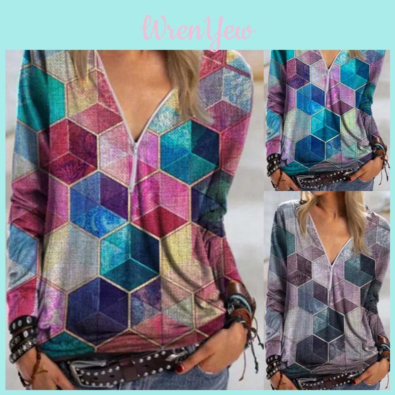 Elegant Ladies Print Pullover Blouse Shirt With V Neck And Zipper For Casual Wear